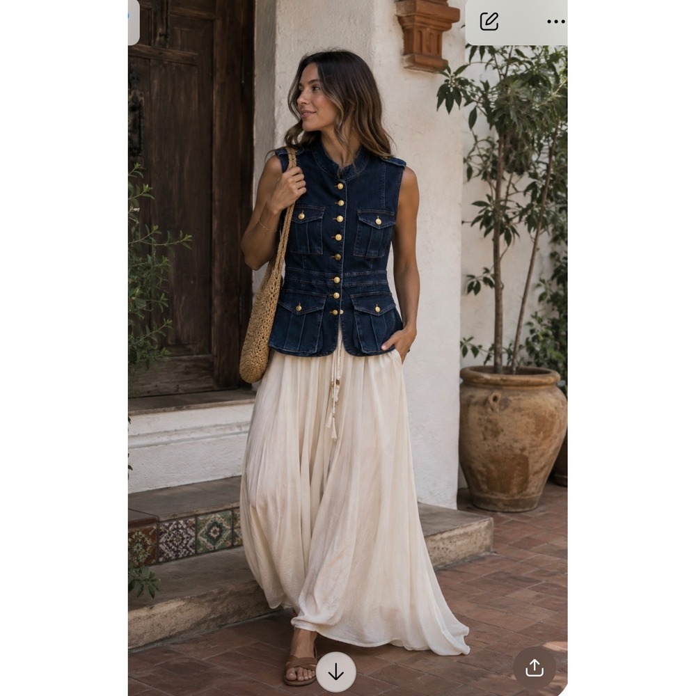 NWT Akira Womens Dark Blue Denim Utility Vest Gold Button Safari Jacket  S